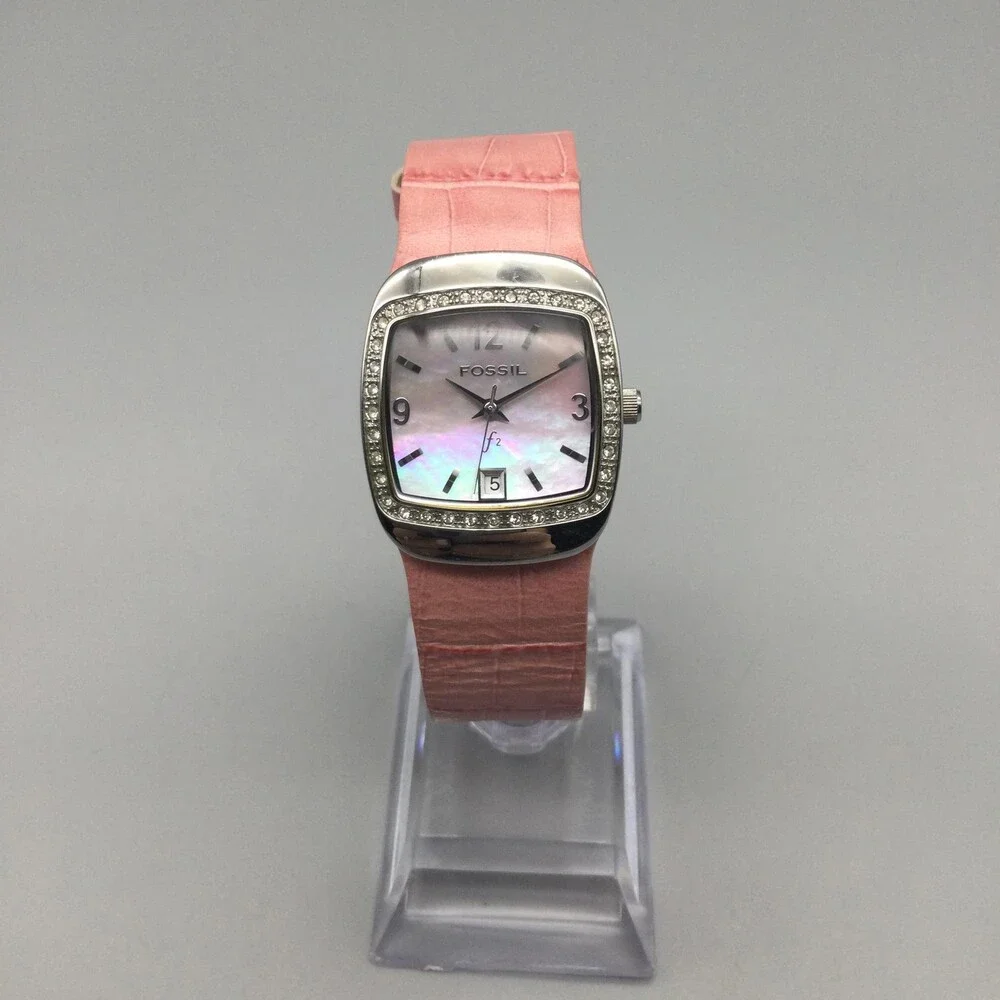 Fossil F2 Womens Watch 25mm Pink MOP Dial Leather Silver Tone Date New Battery